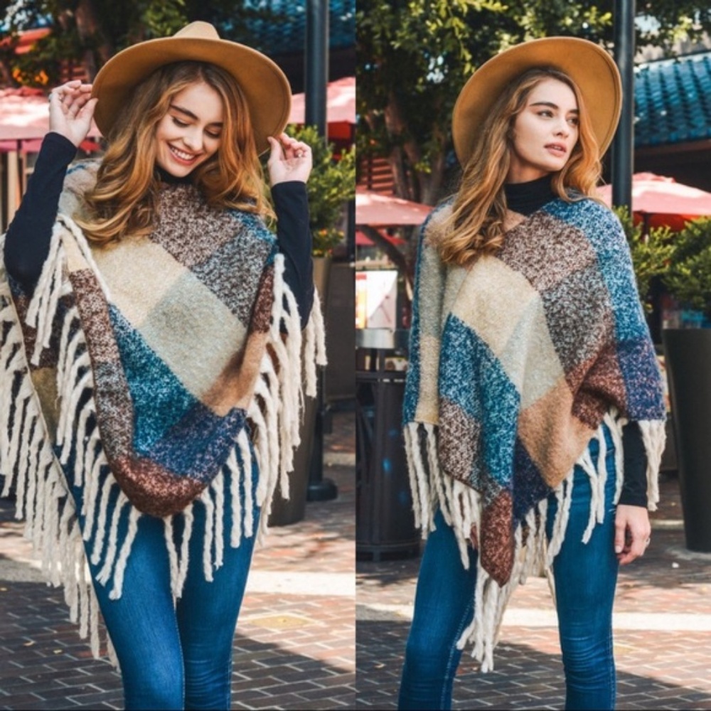 LAST ONE! COZY UP TO  PONCHO-PEACH/BLUE - Picture 3 of 3